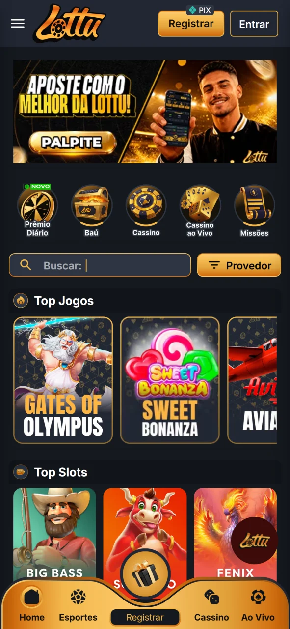 Confira as melhores promoções e os jogos populares na página principal da Lottu App.