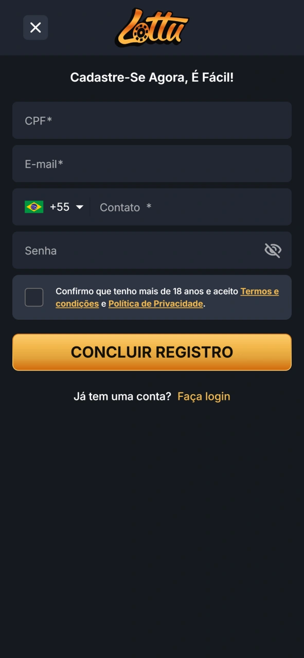 Crie sua conta com apenas alguns toques no Lottu App.