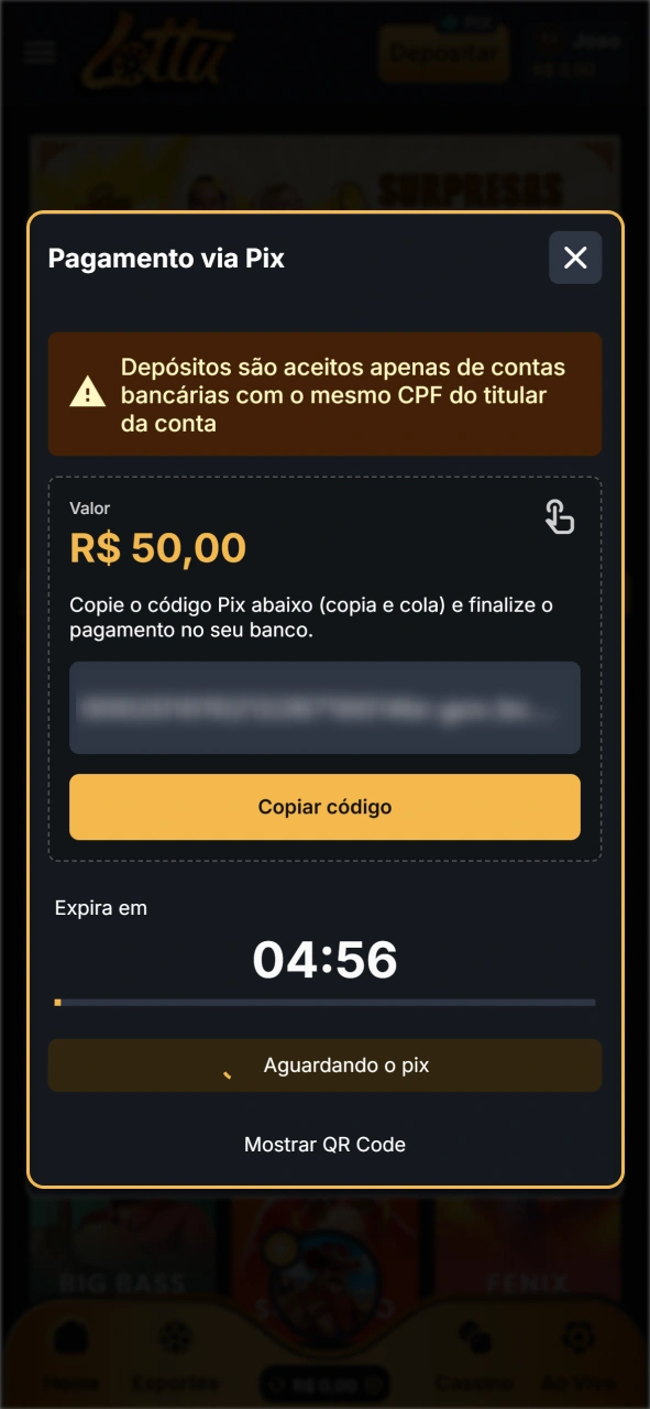 Conclua o pagamento via PIX para receber seu depósito na Lottu.