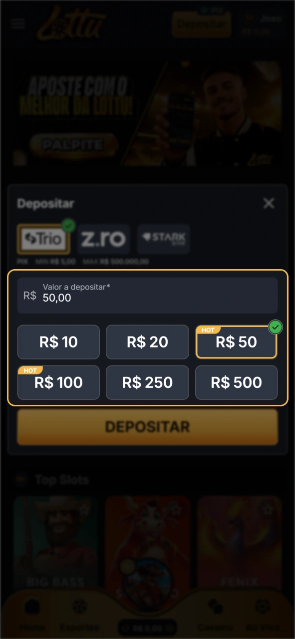 Insira o valor do depósito na sua conta Lottu.