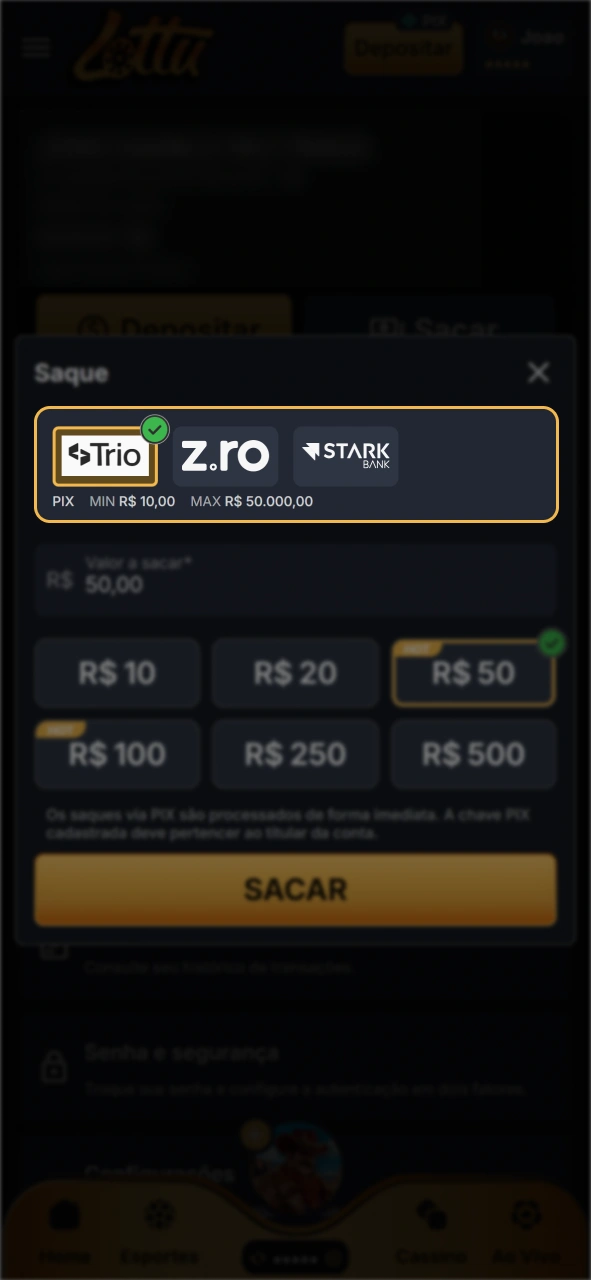 Escolha o método de saque na sua conta Lottu.