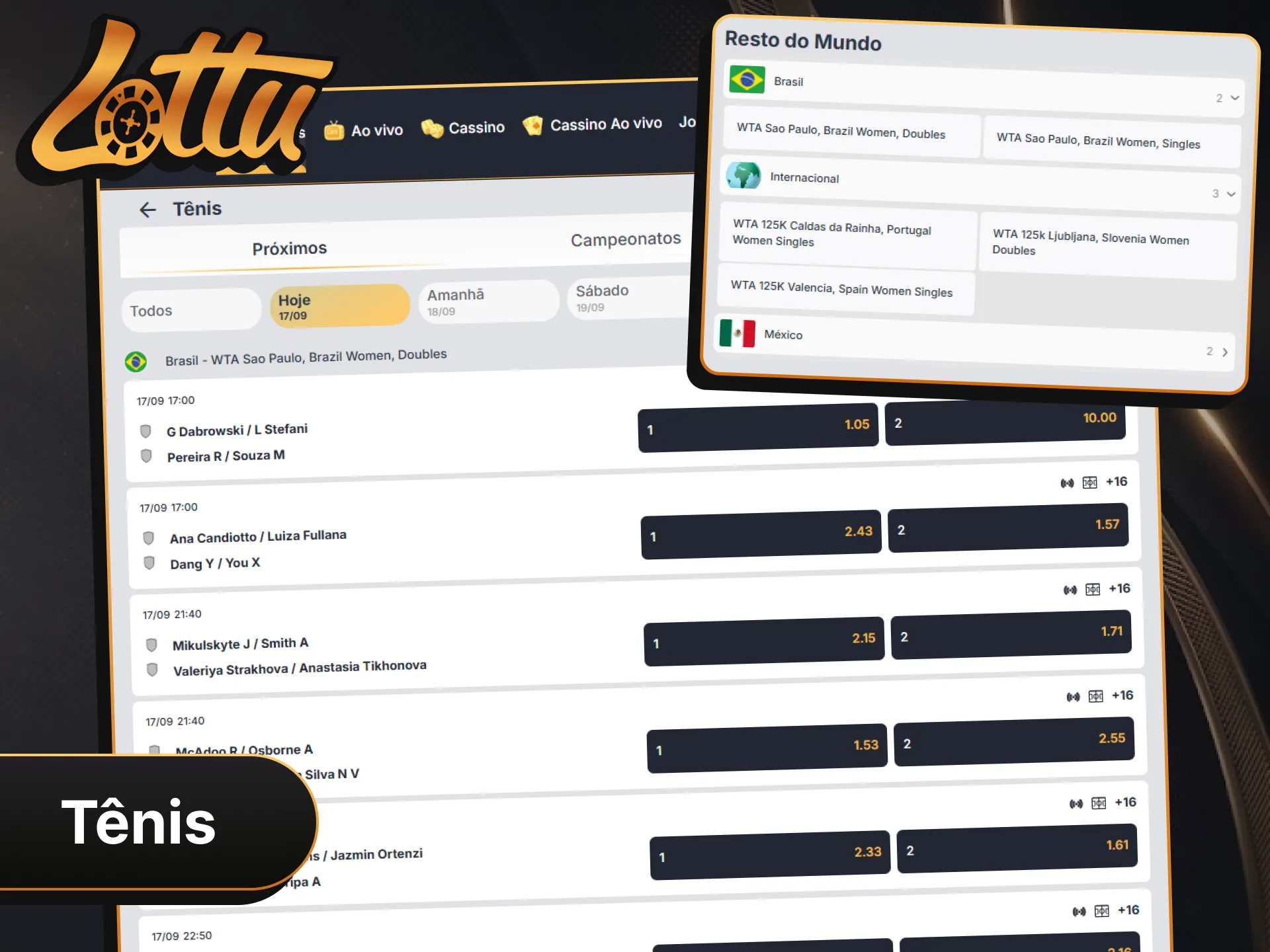 Faça suas apostas esportivas nos grandes jogos de tênis no Lottu.