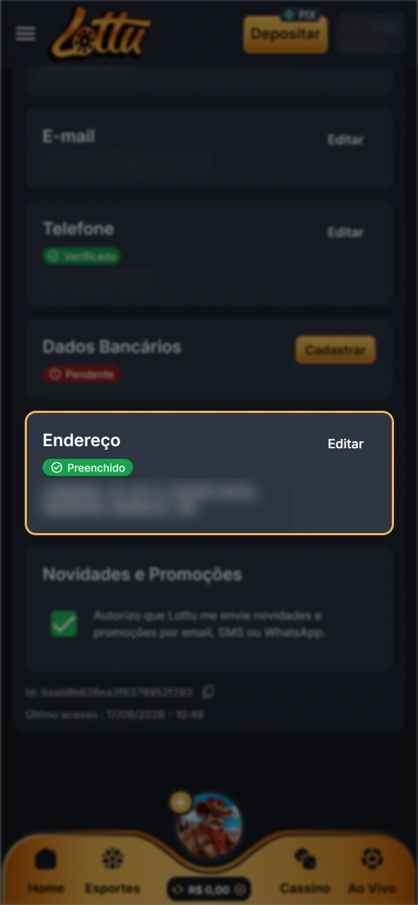 Confirme seu endereço na página de verificação da Lottu.